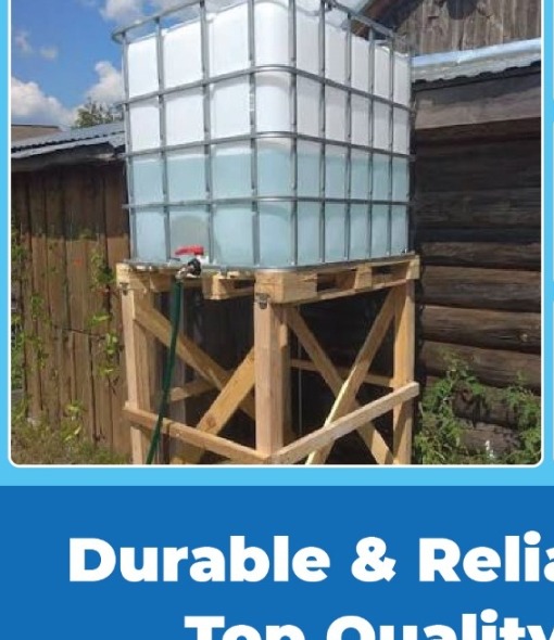 1000 litre IBC water storage tank mounted on a wooden stand